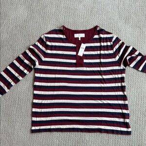 THE GREAT. Womens Long Sleeve Striped Tee - Burgundy, White, and Navy